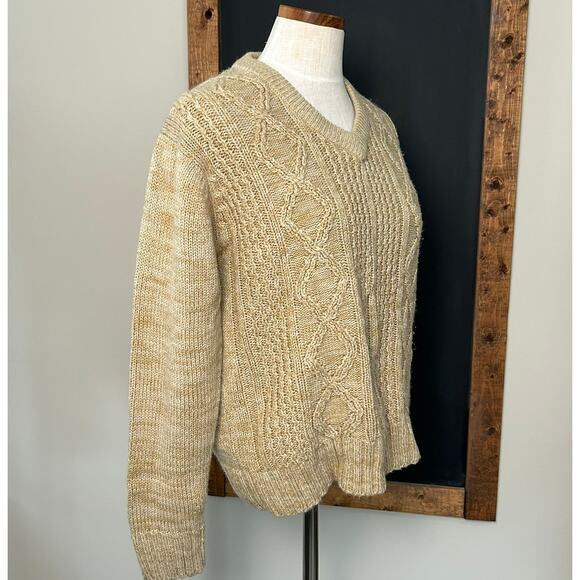 Vintage 70s Cadence Fisherman Cable Knit Sweater V-Neck Coastal Neutral Size M - Picture 6 of 10